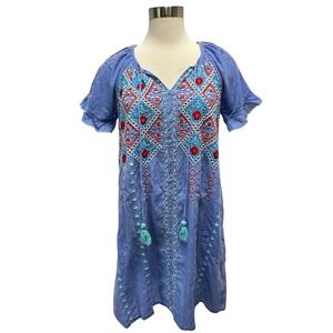 LulaLife Embroidered Dress Womens Small Blue Bohemian Mumu‎ Vacation House Dress